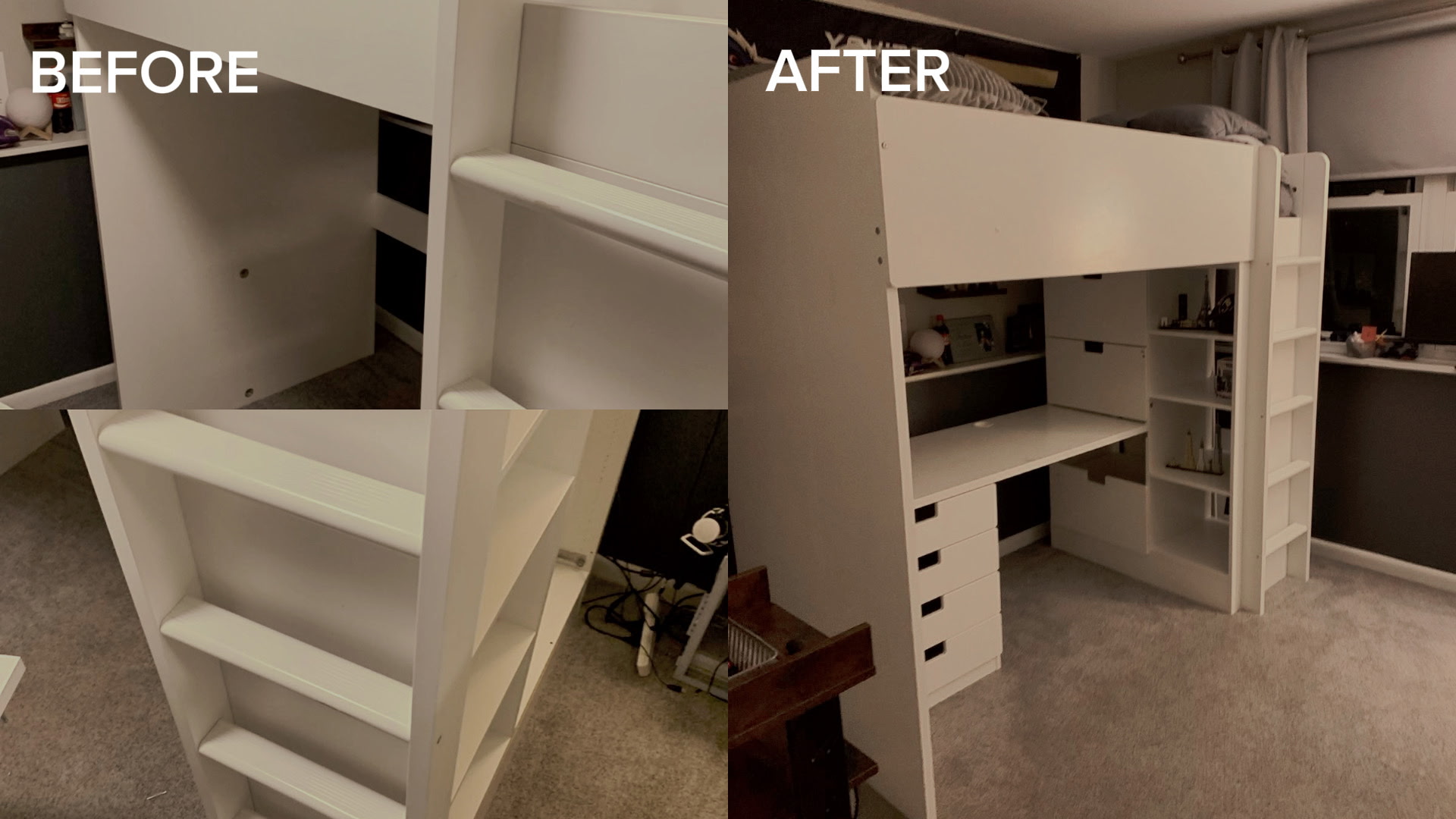 Loft bed with built-in desk and shelving assembled, before and after