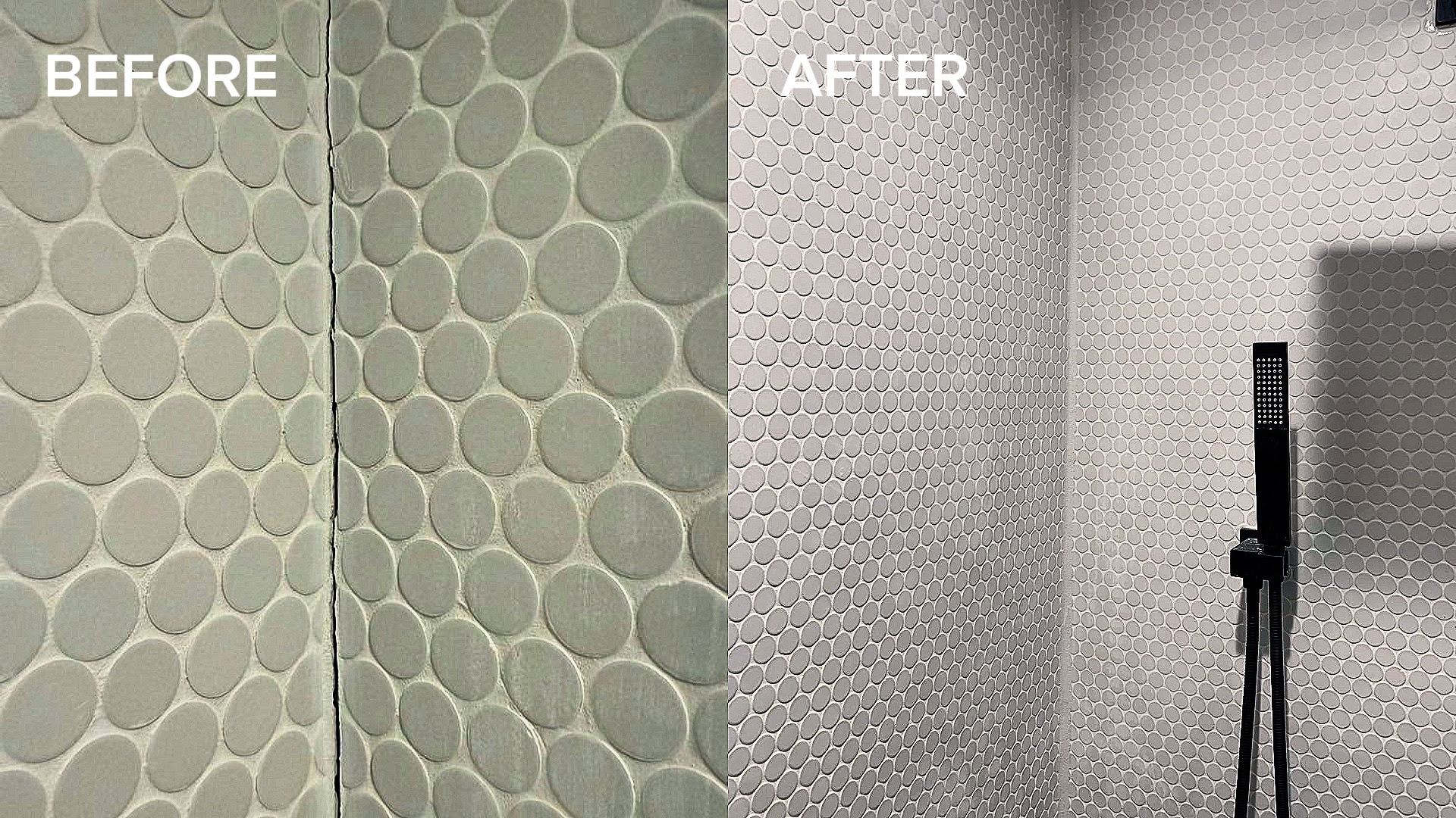 Shower wall retiled from green pebble tile to white penny tile, before and after