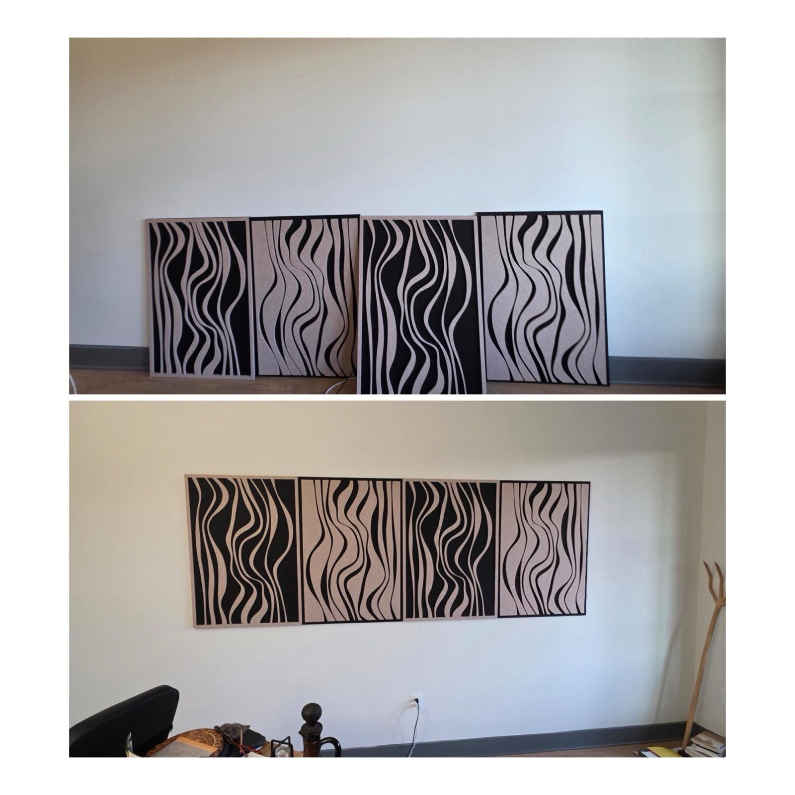 Wave-pattern wall art panels installed in an office, before and after