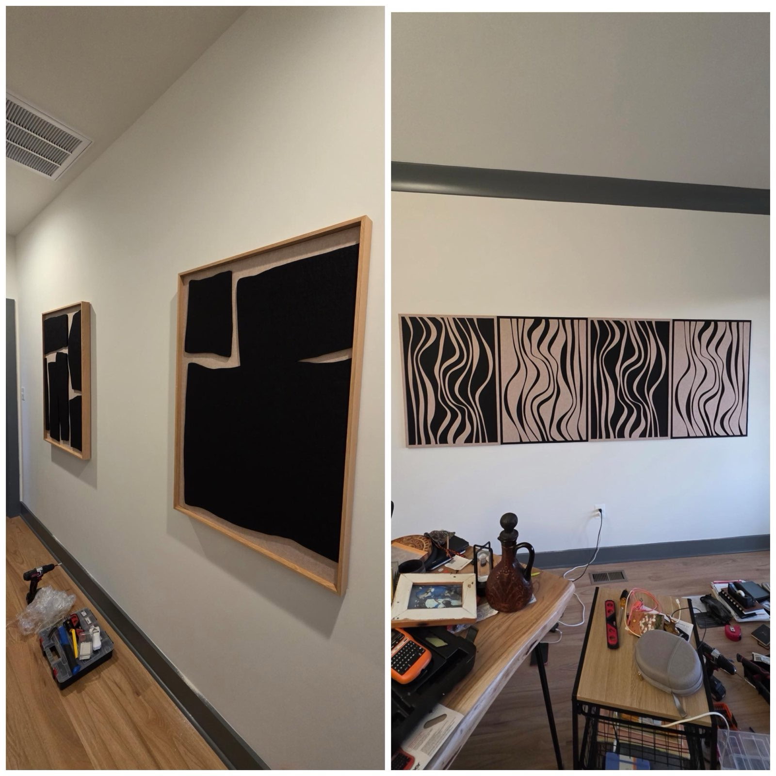 Wave-pattern wall art panels installed in a hallway, before and after