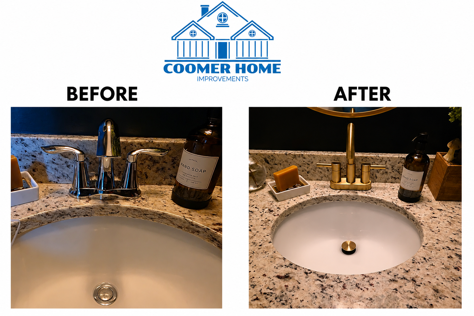 Bathroom sink faucet and drain replaced, before and after