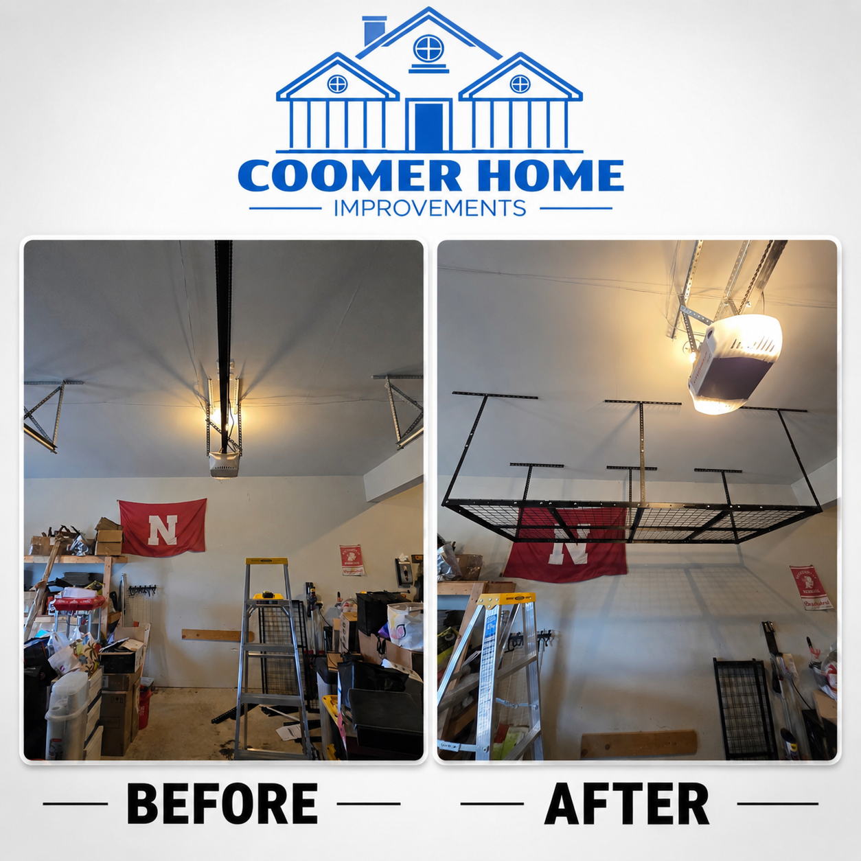 Overhead garage storage rack installed, before and after