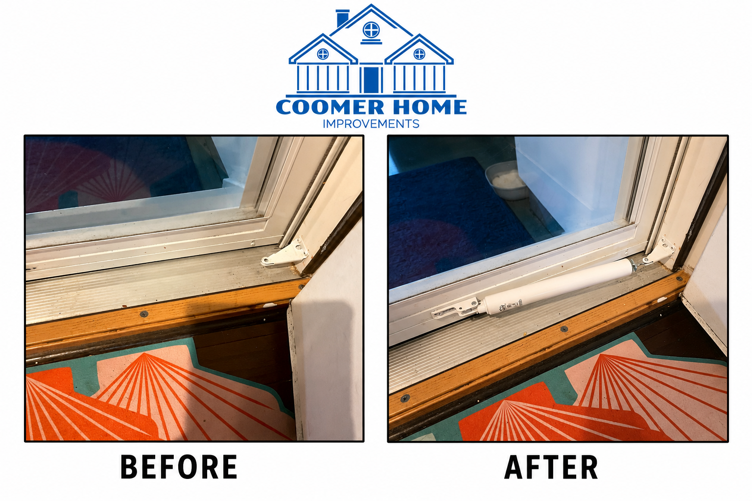 Window hinge and closer arm repaired, before and after